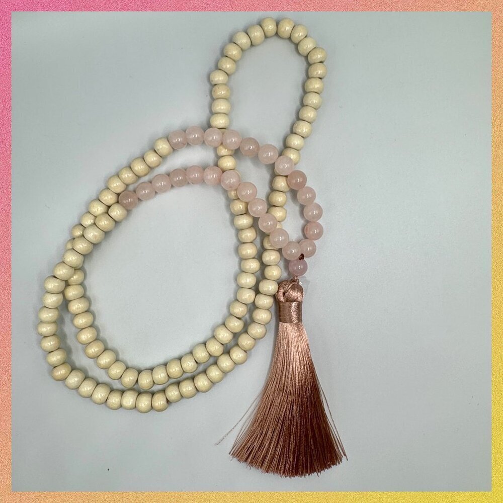 Handmade Boho Tassel Necklace with Wooden & Pink Stone Beads – 34” Long #1504